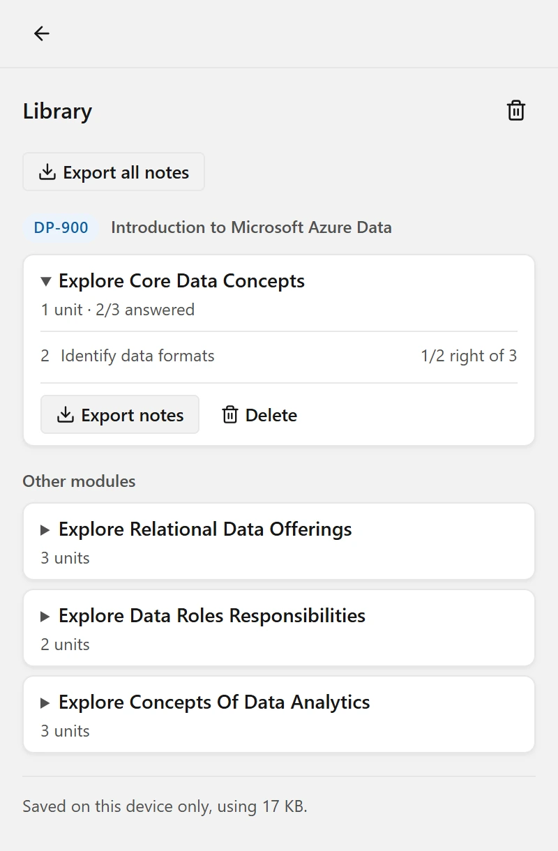 The Carn library listing the modules you have read, each with an Export notes button.